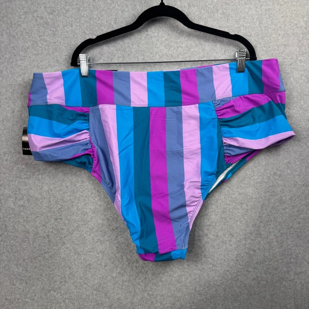 Torrid Swim Bottoms Womens 4X Purple‎ Blue High Waist Ruched Cheeky Striped NEW